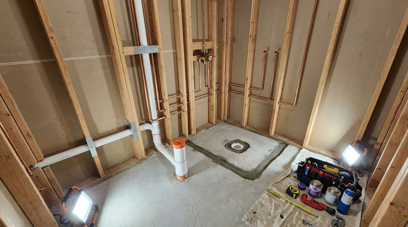 Bathroom rough-in plumbing during remodel by Johns Plumbing LLC in North English