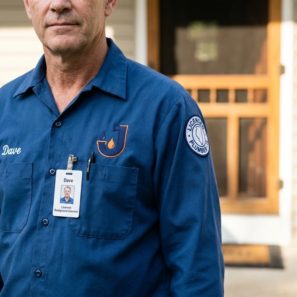 Licensed plumber showing ID badge in North English, IA