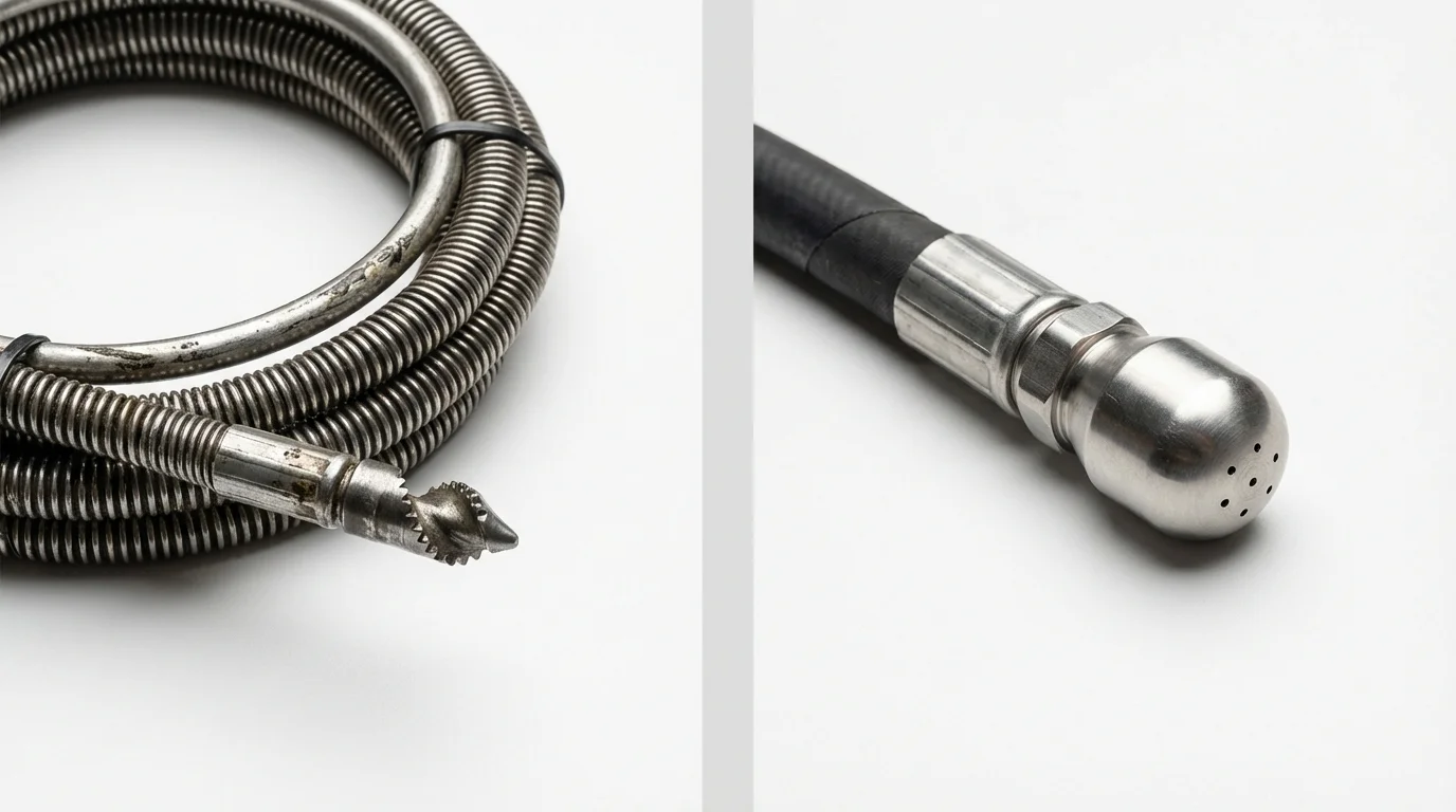 Drain snake cable and hydro jetting nozzle used for drain cleaning in North English, IA