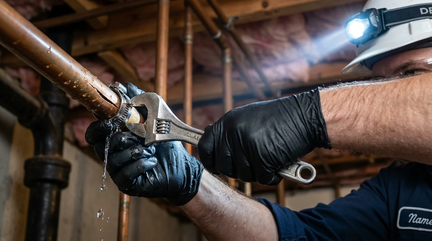 Emergency pipe clamp repair being performed by a Johns Plumbing LLC plumber in North English