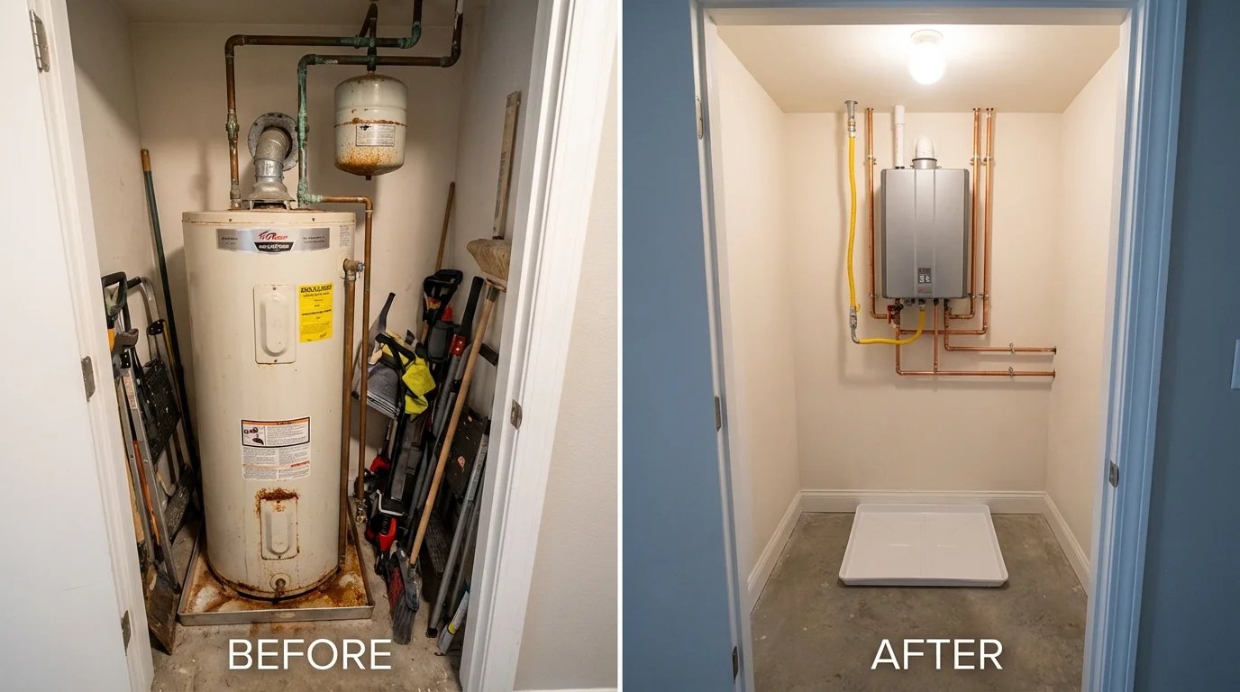 Tank water heater versus wall-mounted tankless unit comparison for North English, IA homeowners