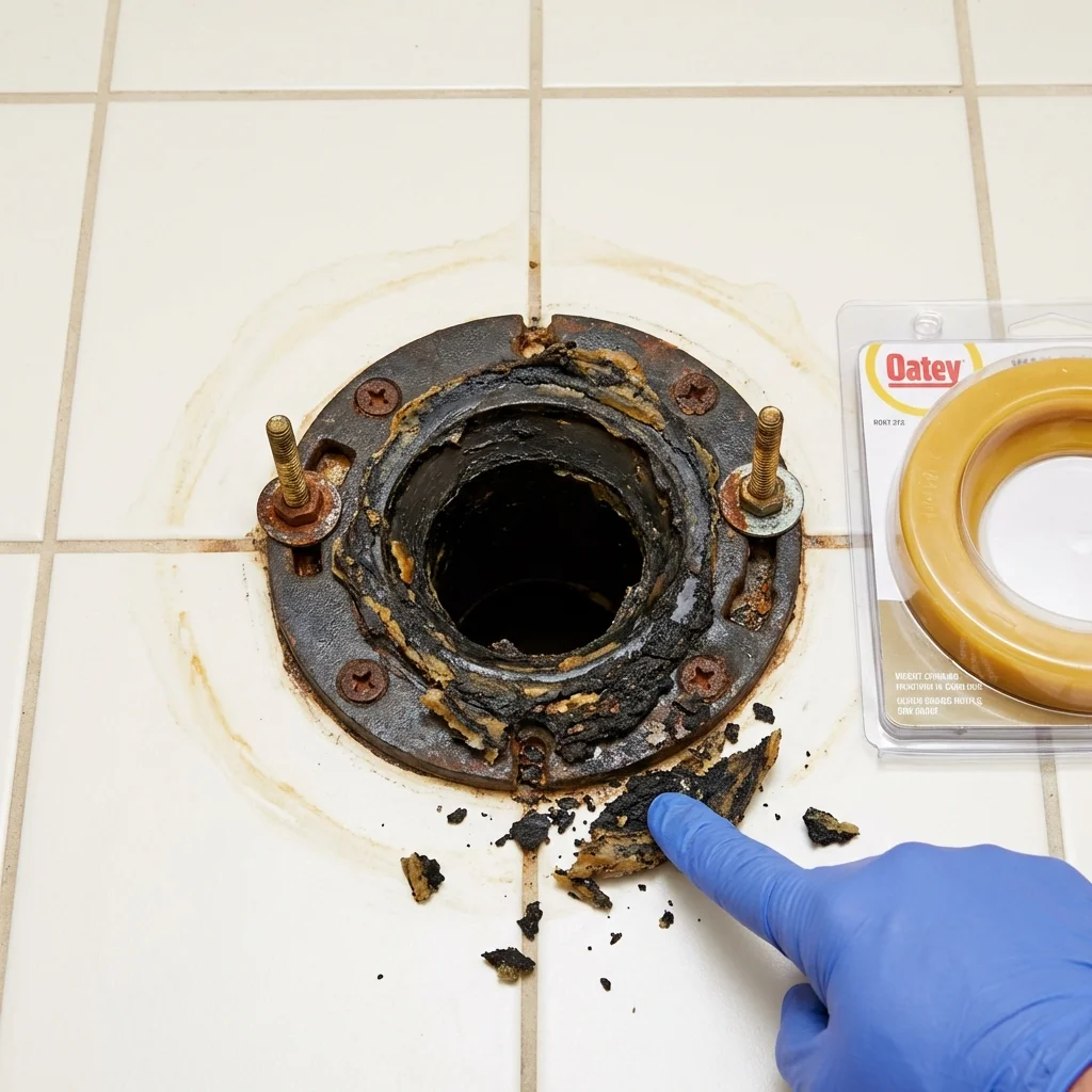 Failed wax ring showing water seepage at the base of a toilet in a North English, IA home