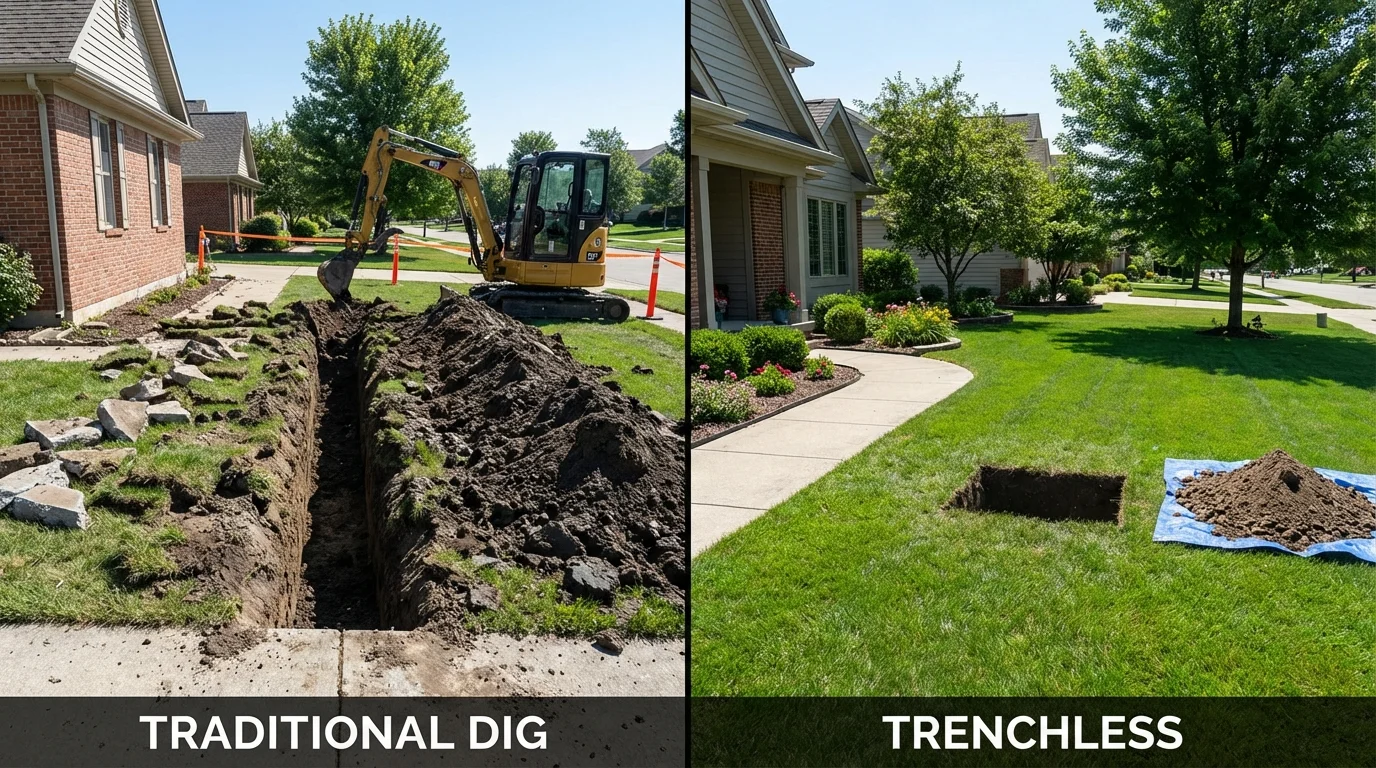 Trenchless sewer repair with minimal yard damage versus traditional excavation in North English, IA