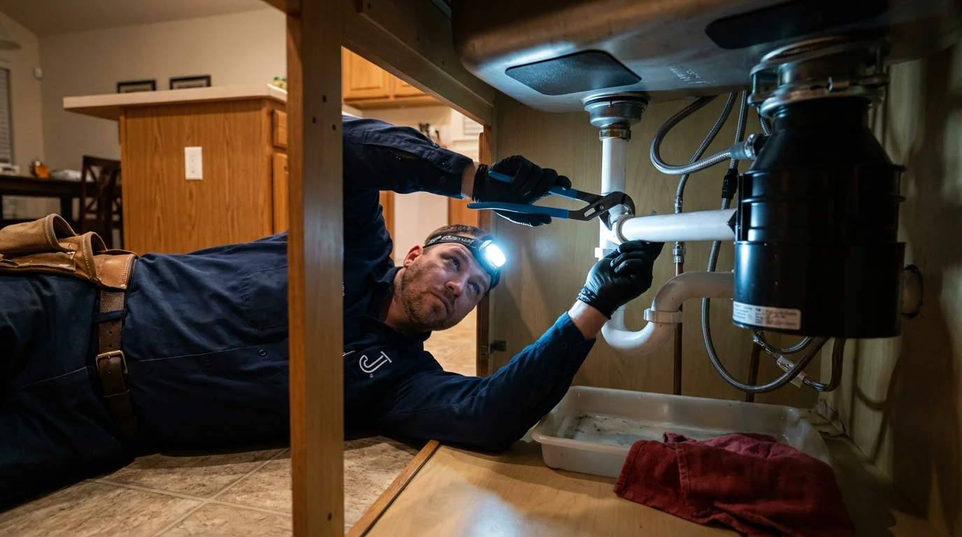 P-trap and supply line connections under a kitchen sink showing a common leak point in North English, IA